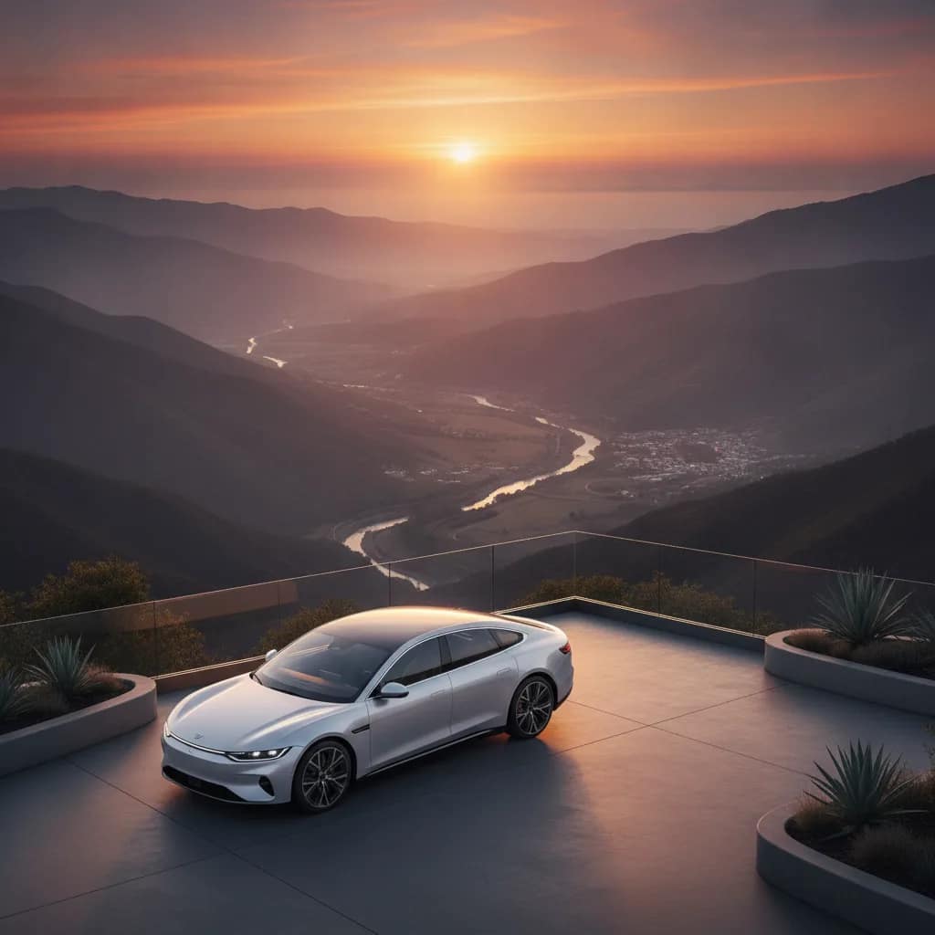 Carro elétrico estacionado em um mirante de serra com vista para o vale ao pôr do sol.