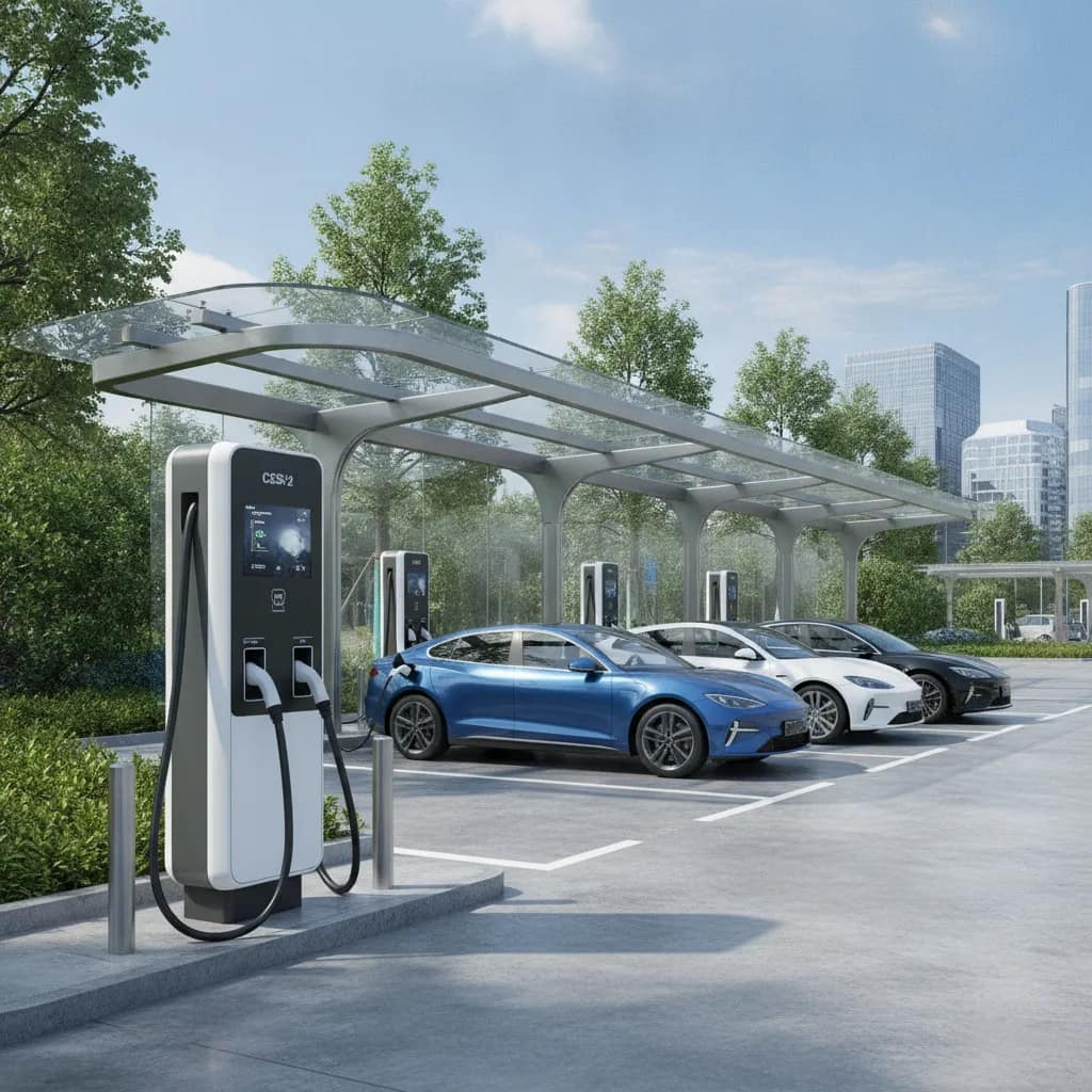 Estação de carregamento rápido para veículos elétricos com múltiplos cabos.