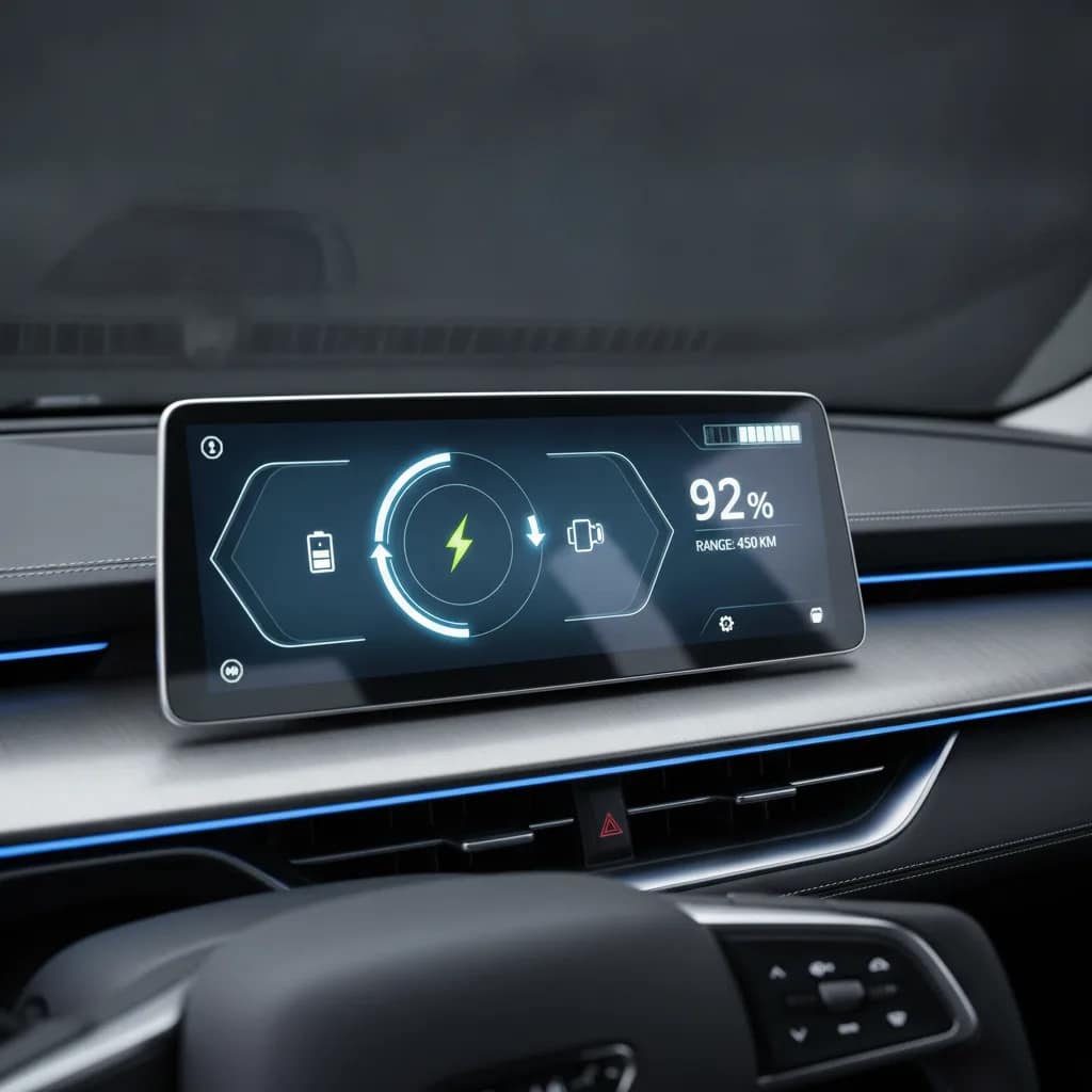Painel digital de carro elétrico destacando o nível da bateria e o indicador de regeneração de energia.