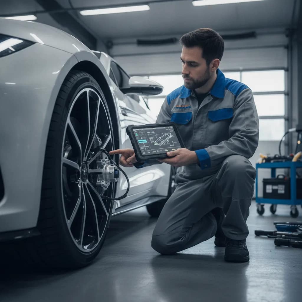 Técnico especialista inspecionando o sistema de freio regenerativo de um veículo elétrico.