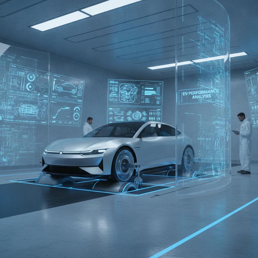 Laboratório de testes veiculares realizando ensaio de autonomia com carro elétrico em dinamômetro