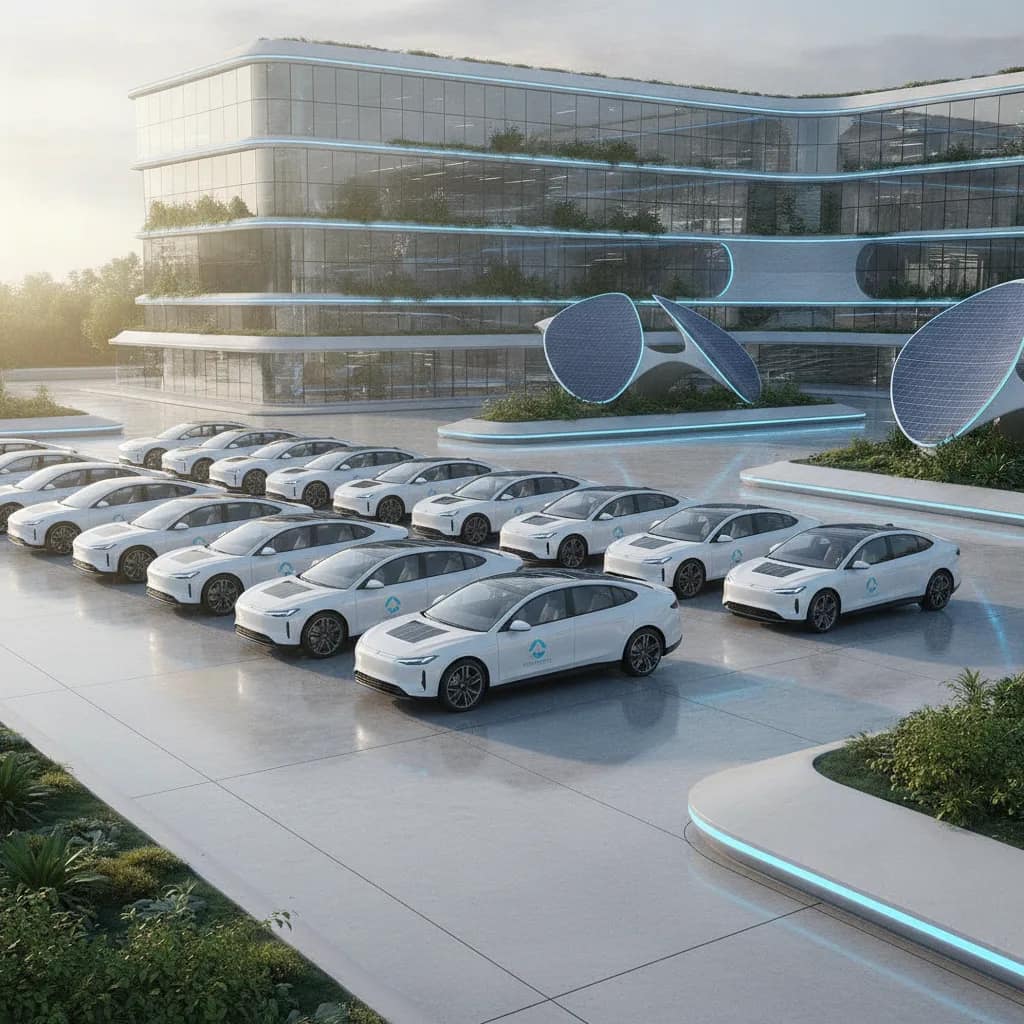 Frota de carros elétricos alinhados em frente a um prédio corporativo moderno.