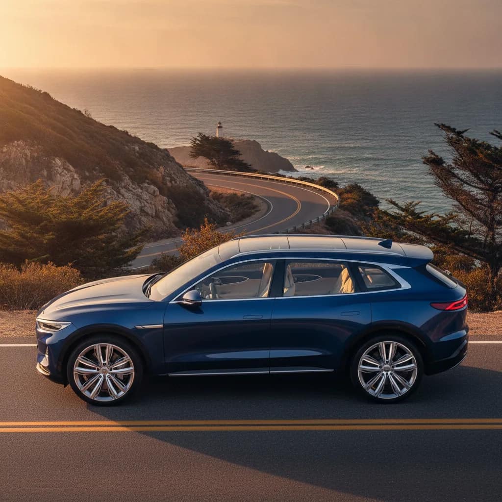 SUV elétrico estacionado com vista para paisagem rodoviária