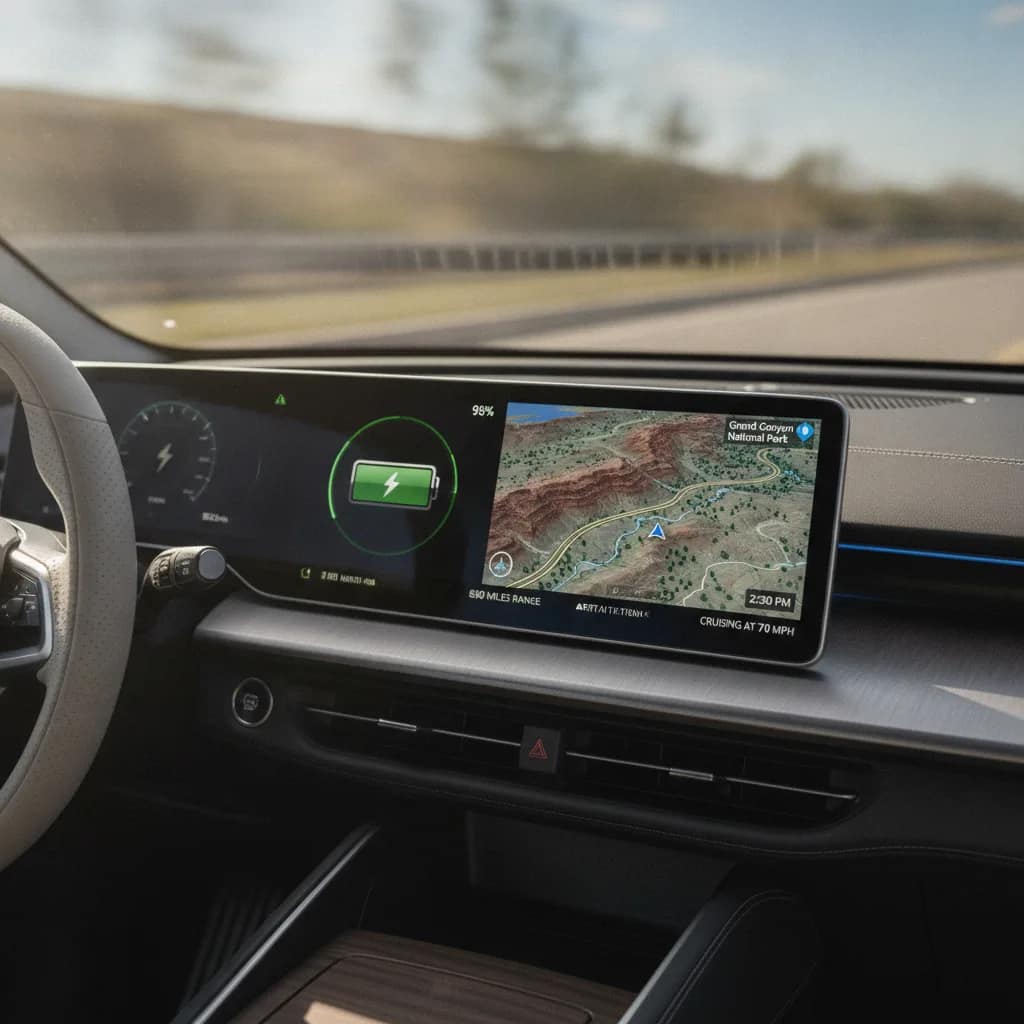Painel digital de um carro elétrico indicando o mapa de navegação e o nível de carga da bateria.