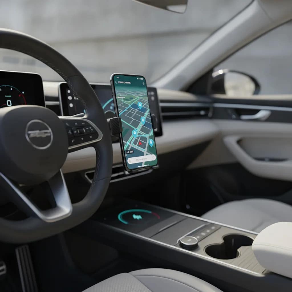 Smartphone no painel do carro elétrico mostrando mapa com pontos de recarga.