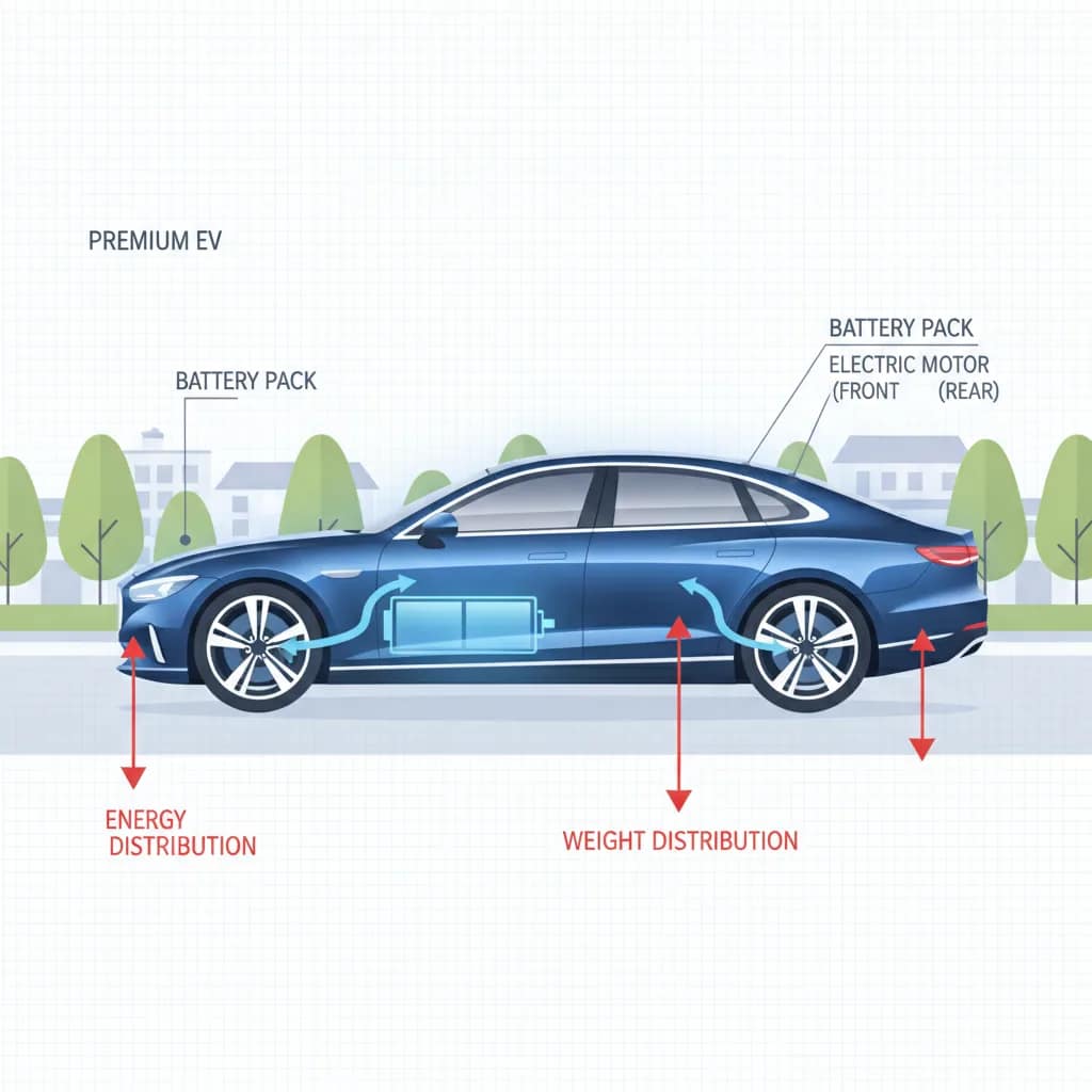 Ilustração do fluxo de energia e distribuição de peso em um carro elétrico em movimento.