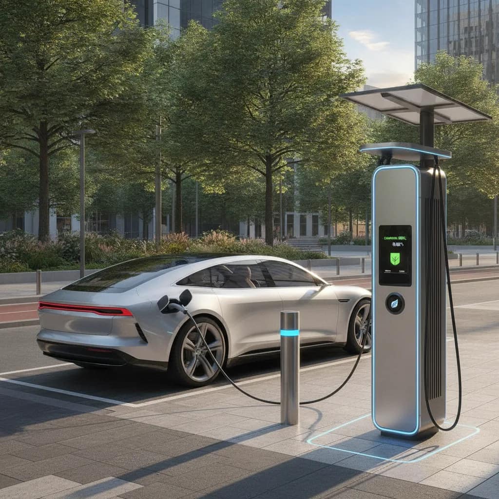 Carro elétrico corporativo recarregando em ponto de carregamento urbano.