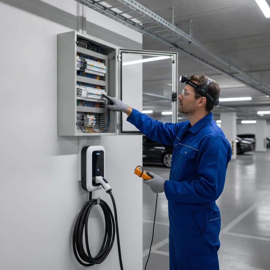 Eletricista inspecionando painel elétrico de carregador de carro elétrico