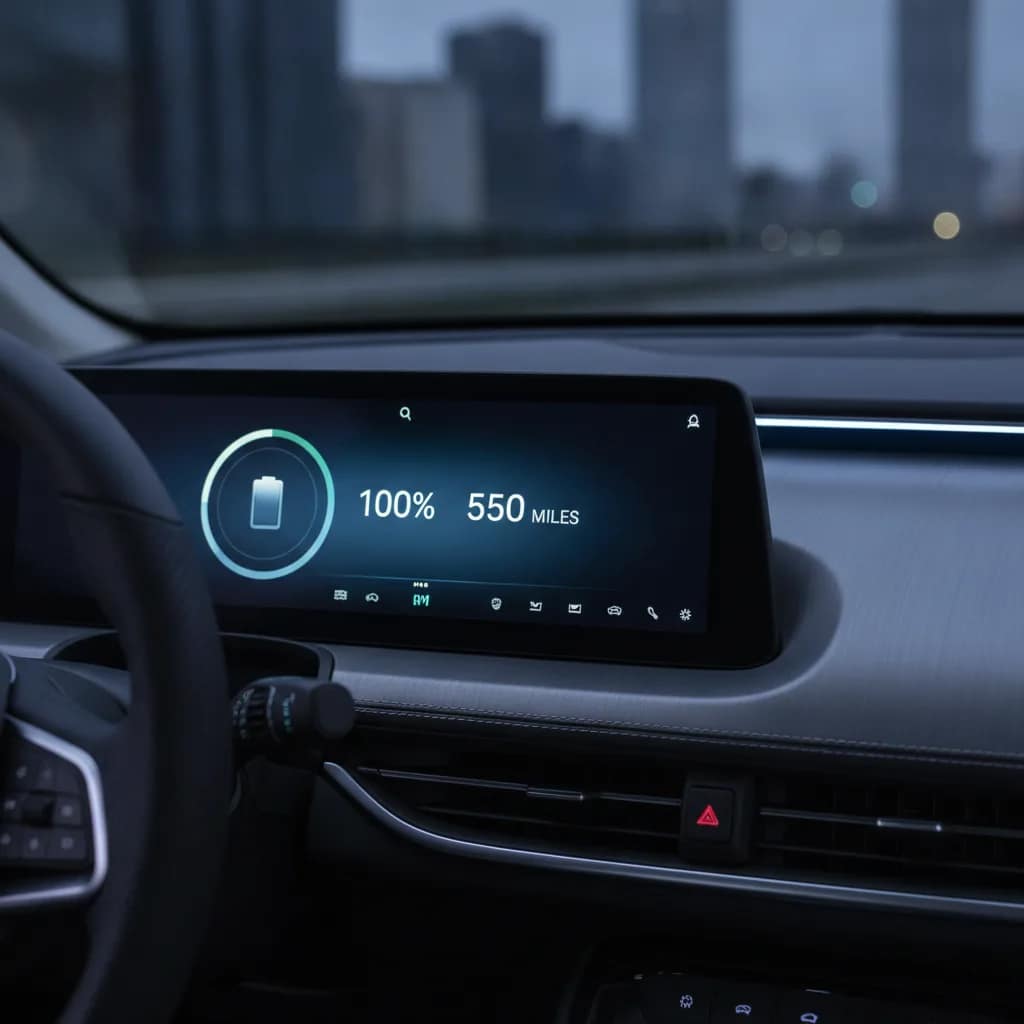 Painel digital de carro elétrico indicando 100% de bateria e cálculo de autonomia.