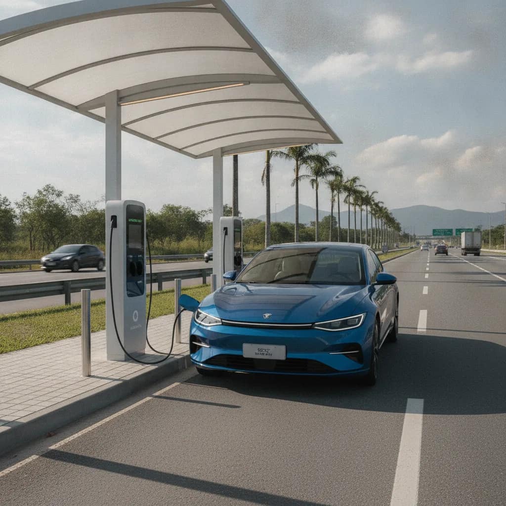 Veículo elétrico em ponto de recarga rápida próximo à rodovia BR-116.