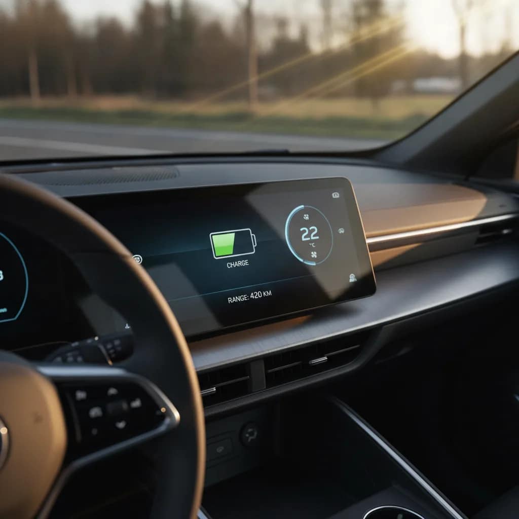 Painel digital de carro elétrico mostrando as configurações do ar-condicionado e autonomia.