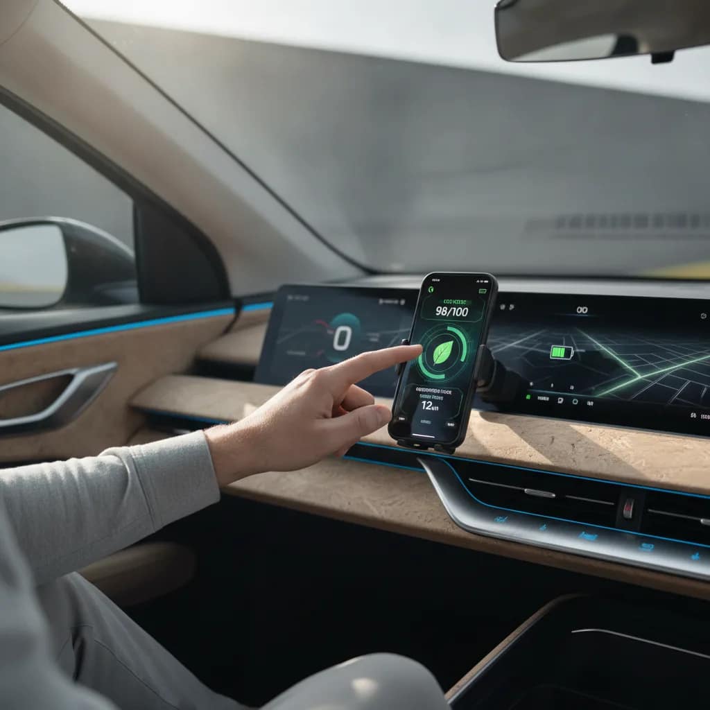 Painel de carro elétrico exibindo dados de eficiência energética e condução sustentável.