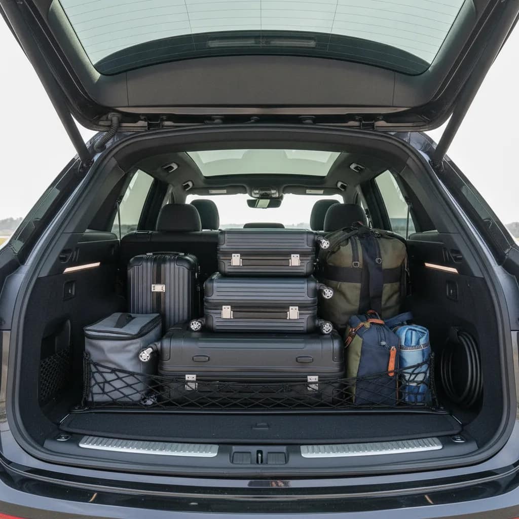 Porta-malas de carro elétrico perfeitamente organizado com malas para viagem.