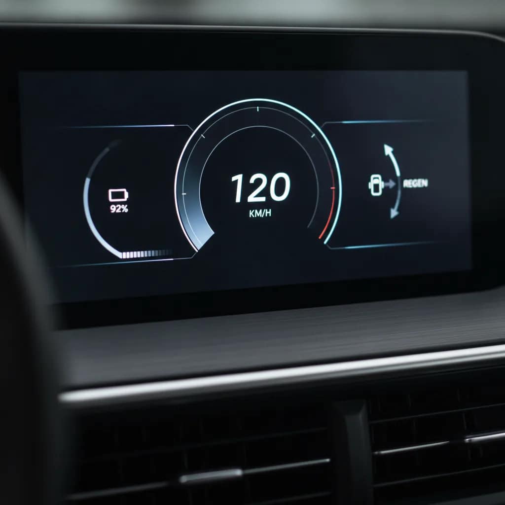 Painel digital de um carro elétrico mostrando o fluxo de energia e porcentagem de bateria.