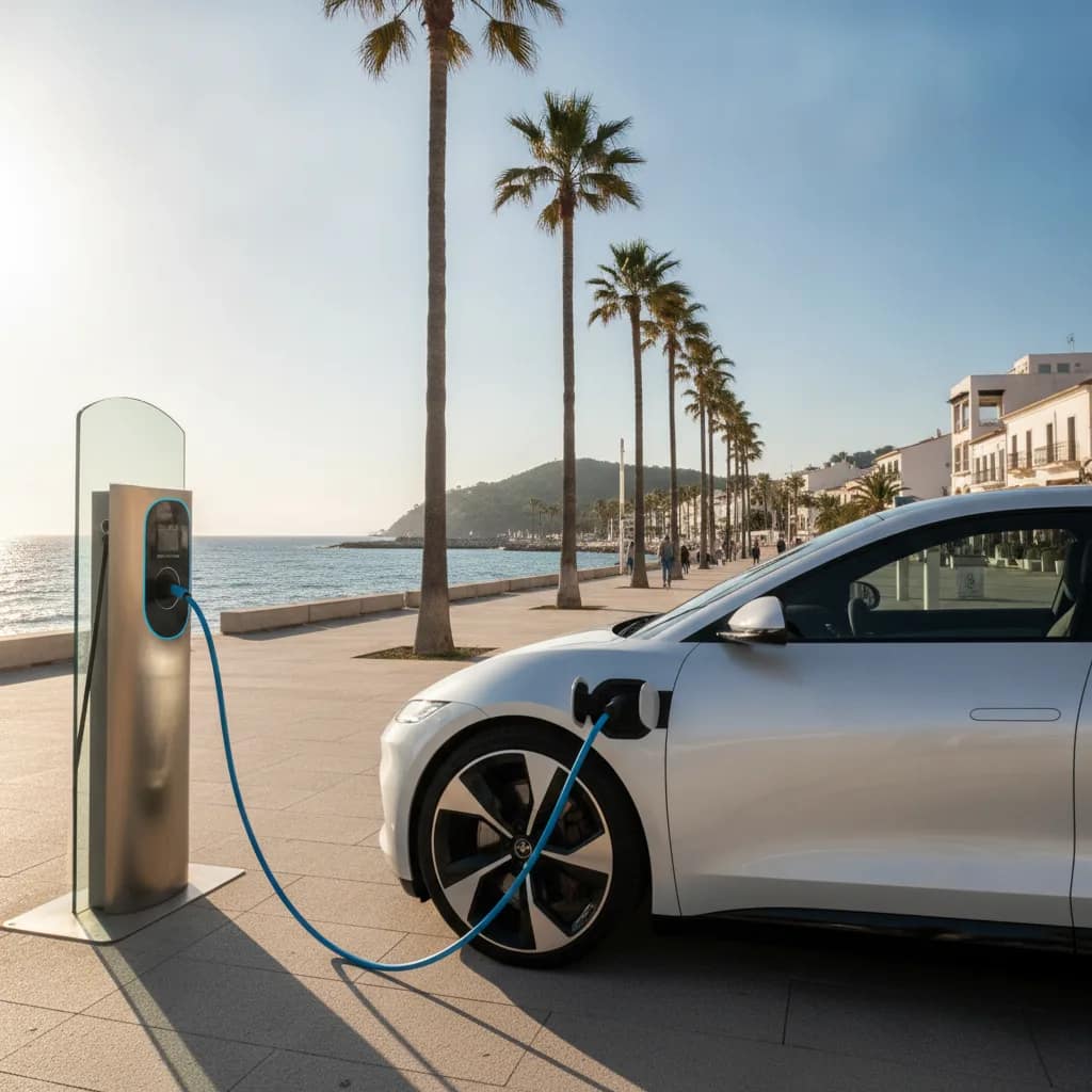 Carro elétrico recarregando em estação próxima à praia.