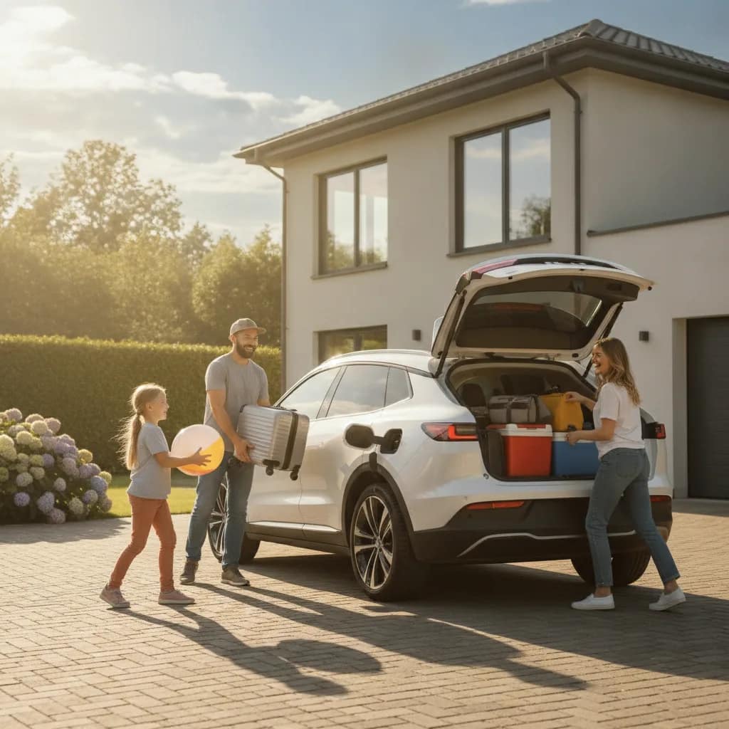 Família organizando malas no porta-malas do carro elétrico antes de viajar.