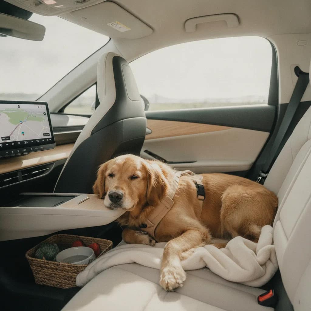 Cão deitado no banco traseiro de um carro elétrico equipado com cinto de segurança para pets