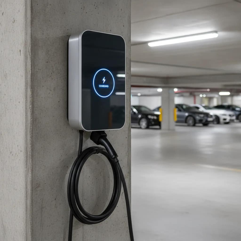 Carregador wallbox instalado em pilastra de garagem subterrânea de condomínio.