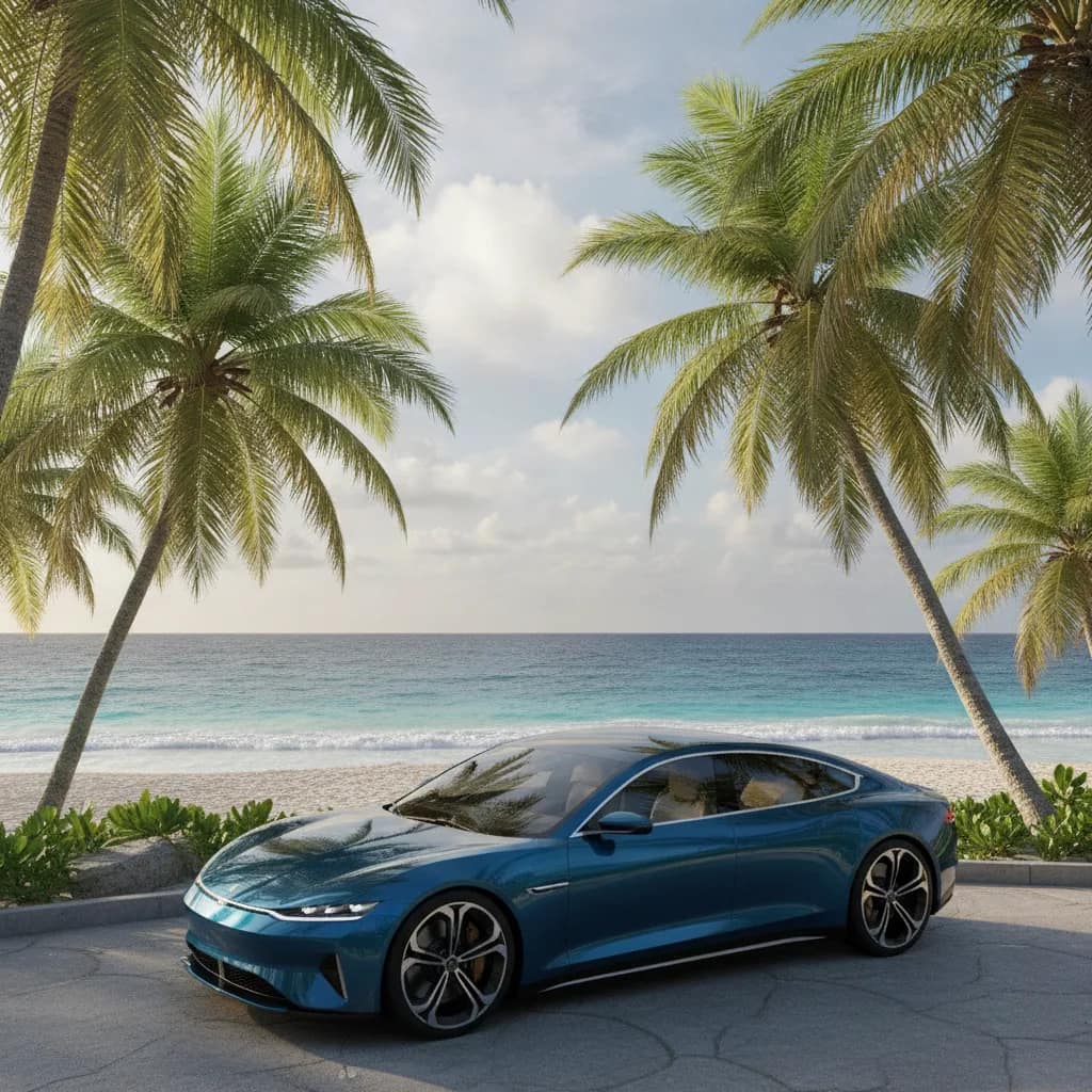 Sedã elétrico azul estacionado próximo à praia no litoral baiano