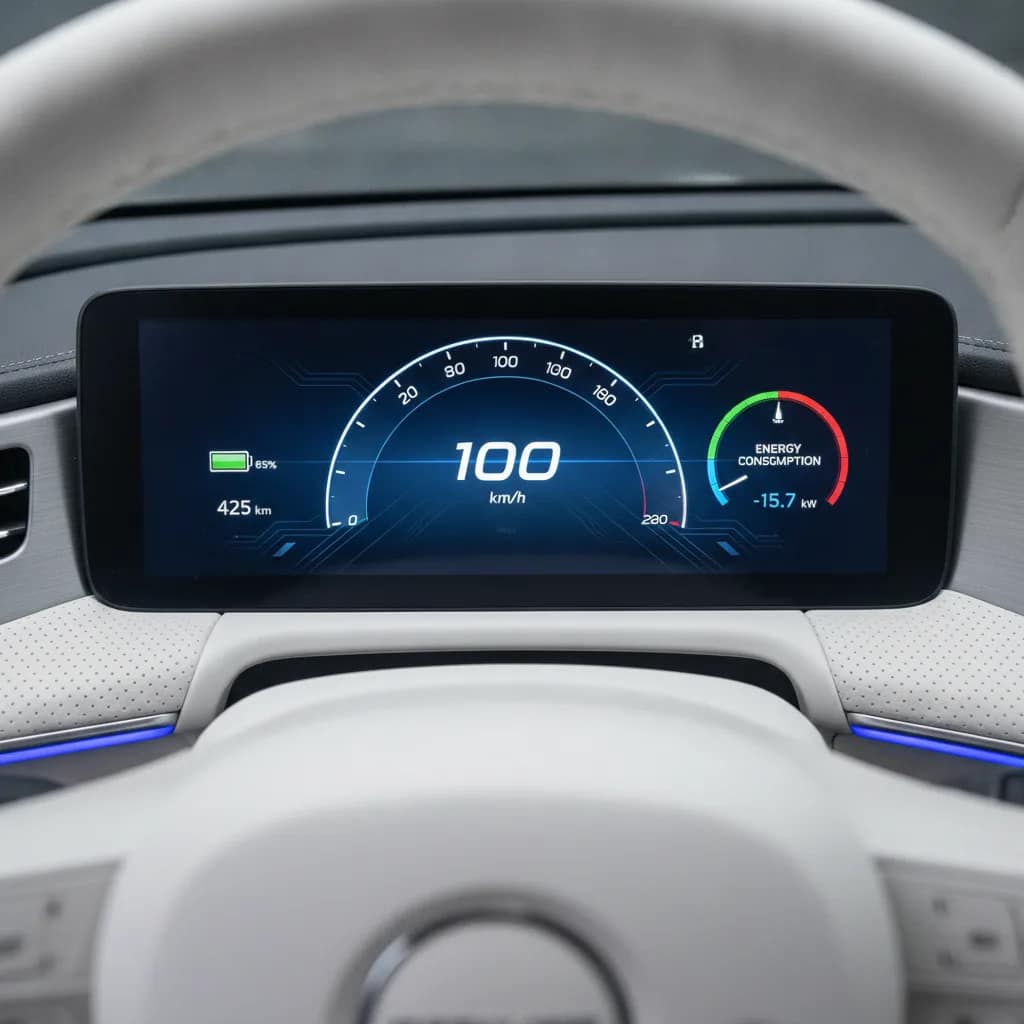 Painel digital de veículo elétrico indicando velocidade de 100 km por hora e consumo de energia.