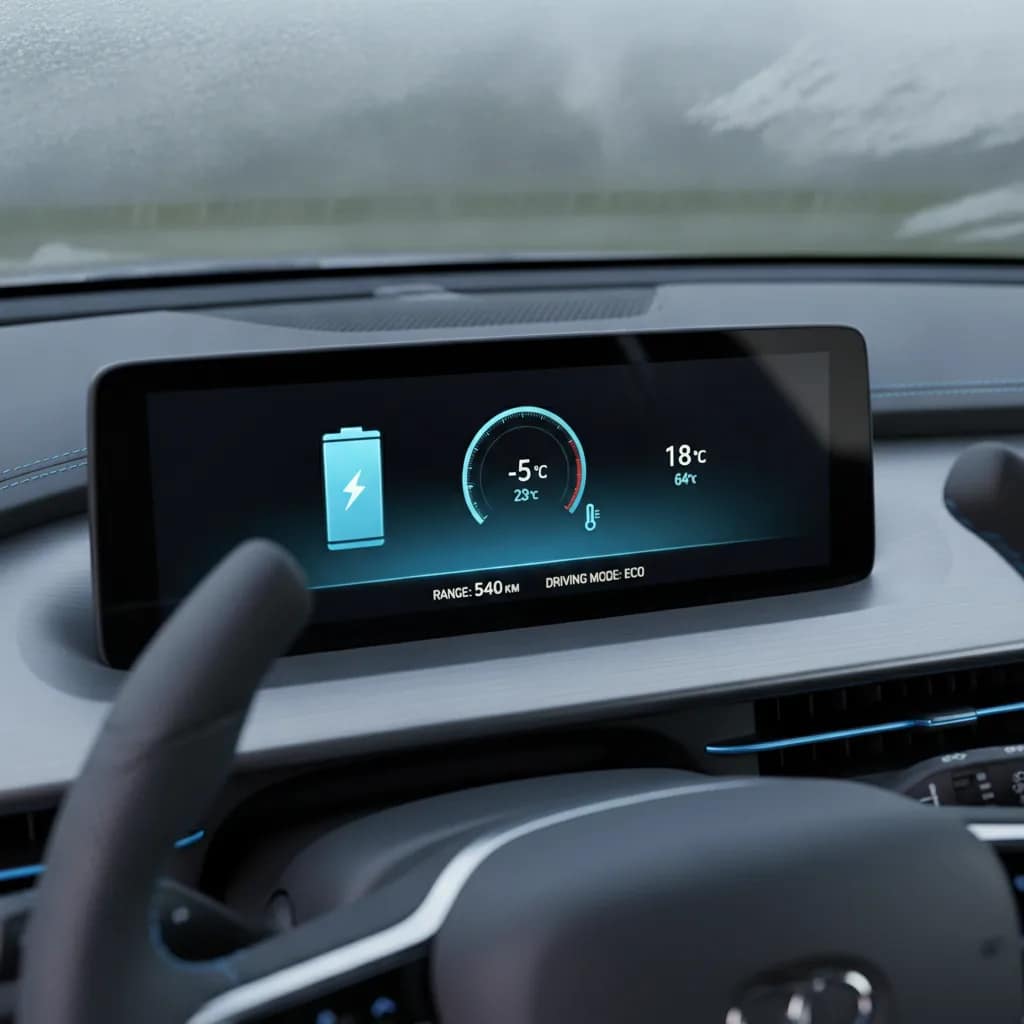Painel digital de carro elétrico mostrando nível de bateria e temperatura externa