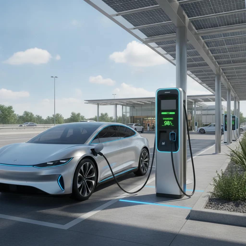 Carro elétrico recarregando em uma estação rápida de rodovia