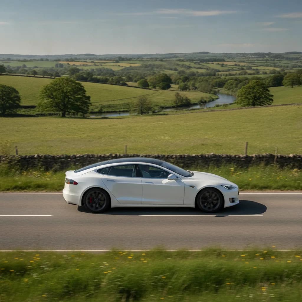 Carro elétrico branco em movimento suave por uma rodovia cercada por paisagem natural.