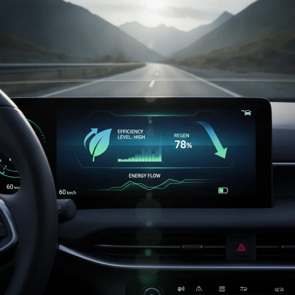Painel digital de carro elétrico indicando a regeneração de energia da bateria durante a descida.