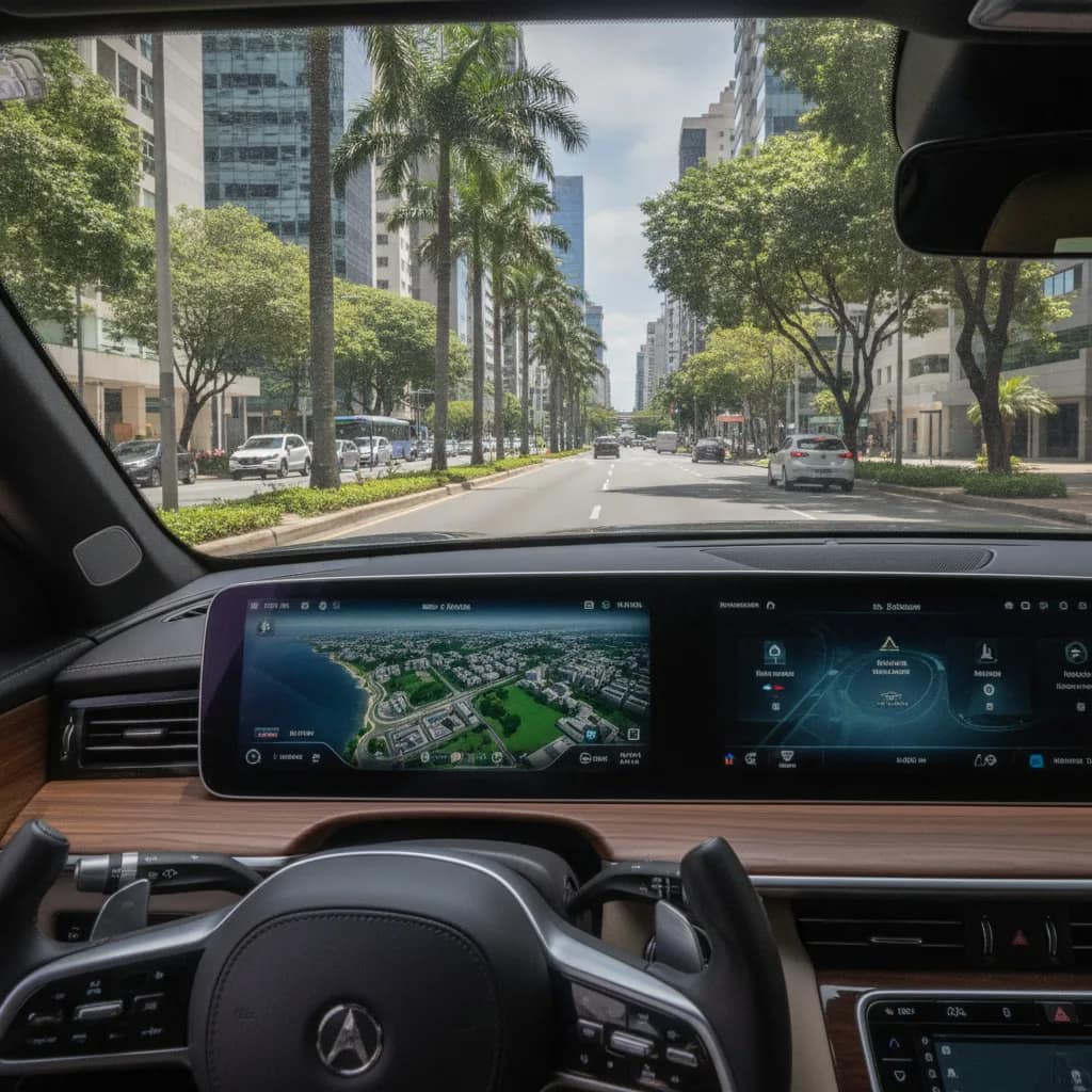 Visão interna do painel de um carro elétrico circulando por uma grande cidade brasileira.