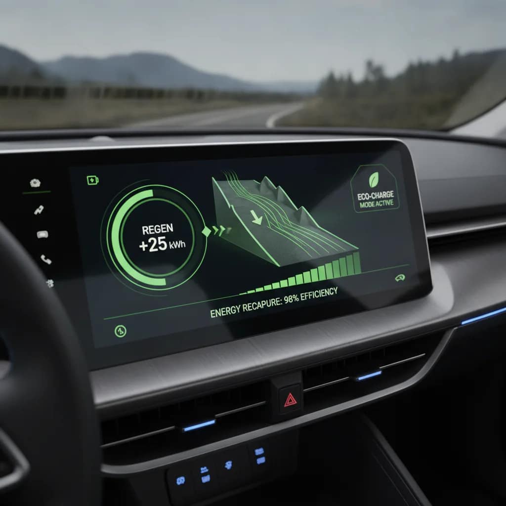 Painel de carro elétrico exibindo fluxo de regeneração de energia na descida da serra.