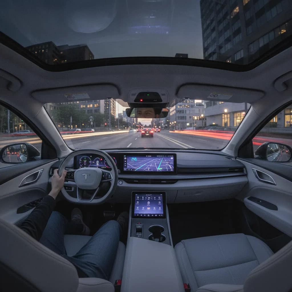Interior silencioso e tecnológico de um carro elétrico no trânsito urbano