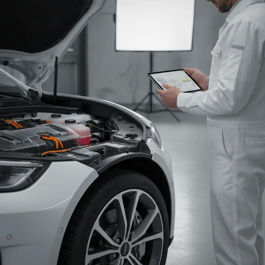 Técnico realizando diagnóstico eletrônico no sistema de um carro elétrico.