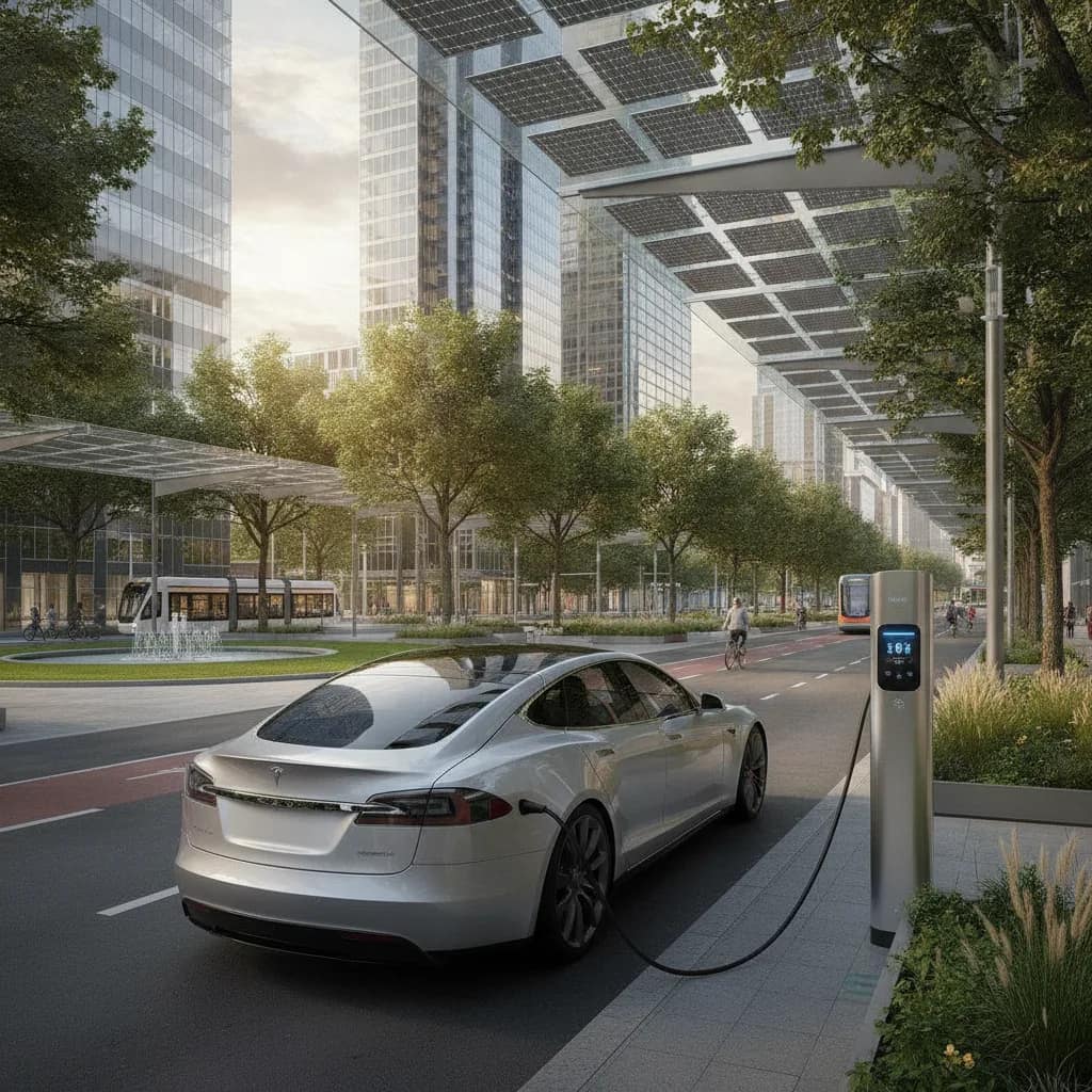Carro elétrico recarregando em ponto público de recarga em rua urbana moderna.
