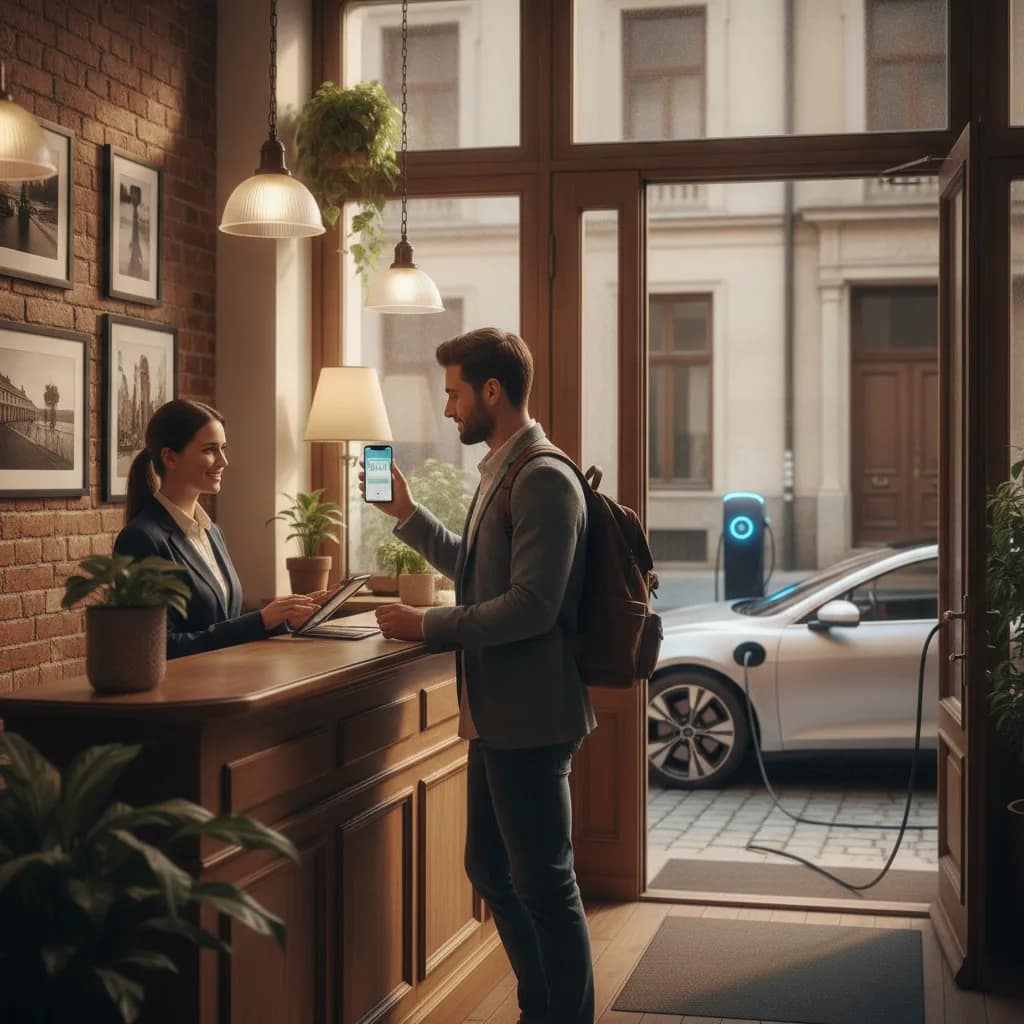 Hóspede fazendo check-in em hotel com infraestrutura para carros elétricos.
