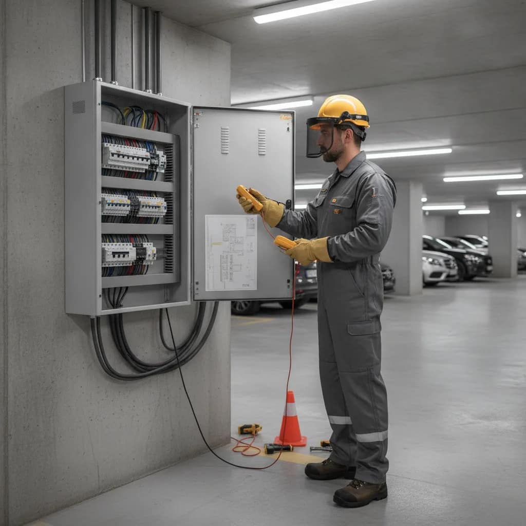 Técnico eletricista avaliando o painel elétrico do condomínio para instalação de carregador.