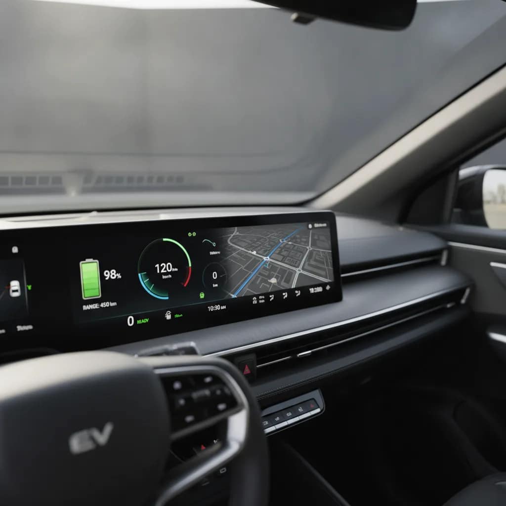Painel digital de carro elétrico indicando nível elevado de bateria e autonomia.