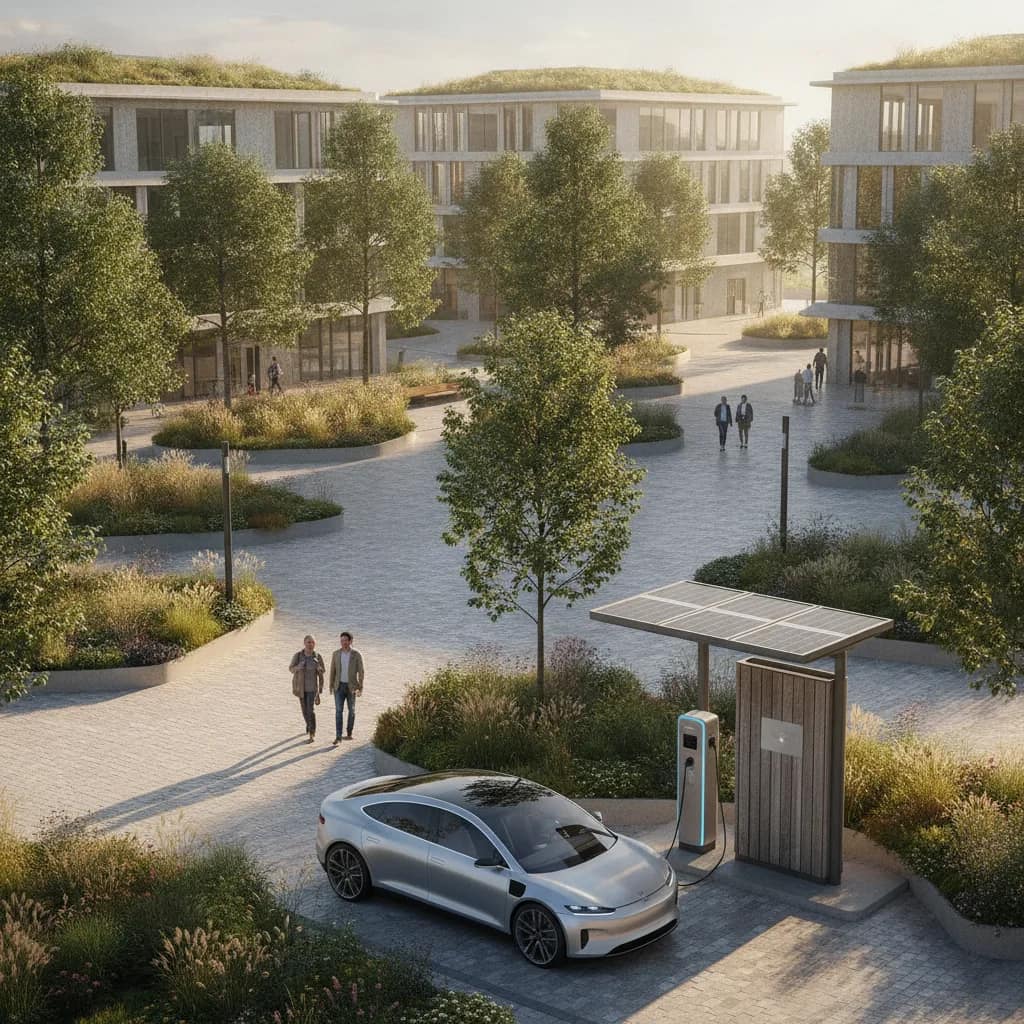 Veículo elétrico estacionado em uma praça urbana moderna e arborizada, representando o ar limpo.