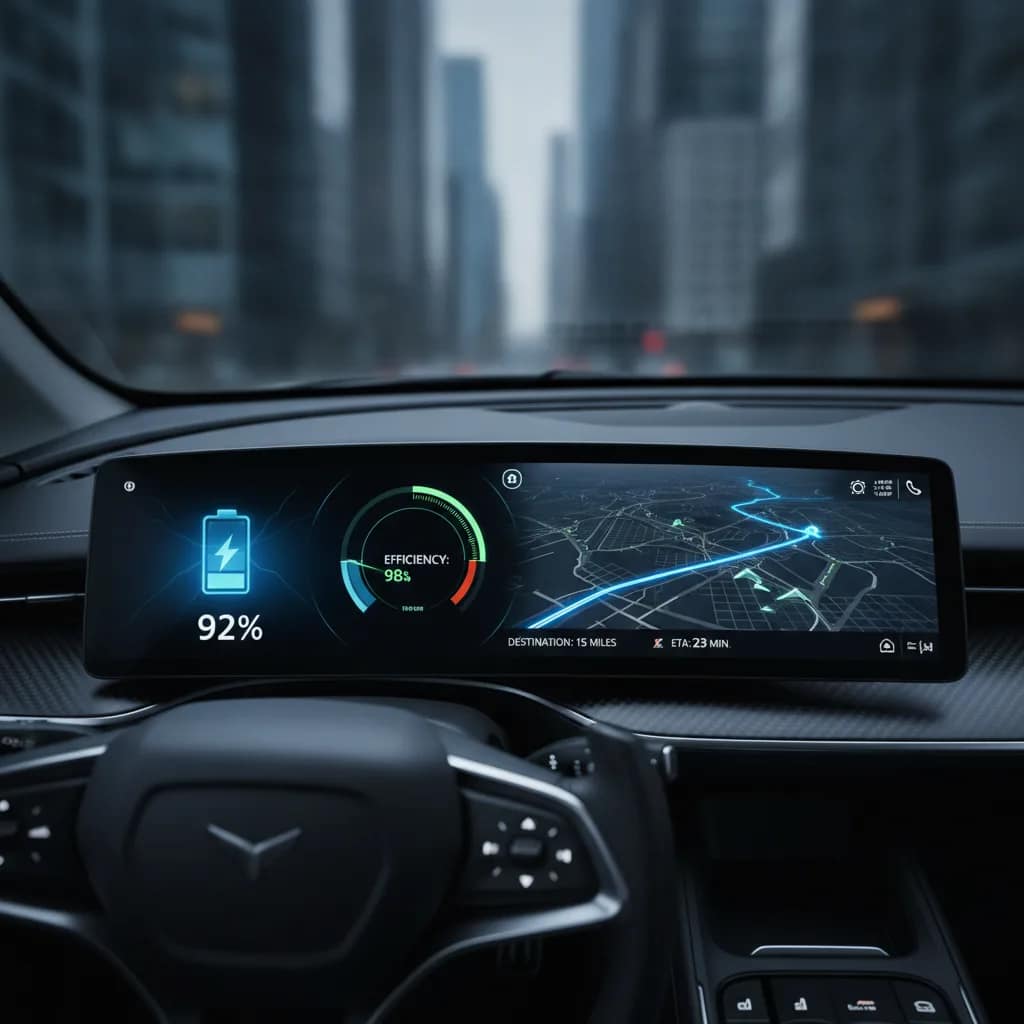 Painel digital de veículo elétrico exibindo métricas de consumo e autonomia da bateria.