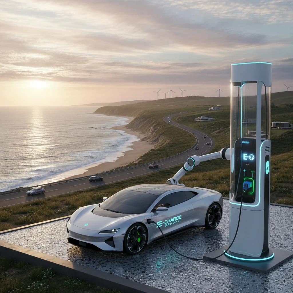 Estação de recarga rápida para carro elétrico em rodovia internacional no Uruguai.
