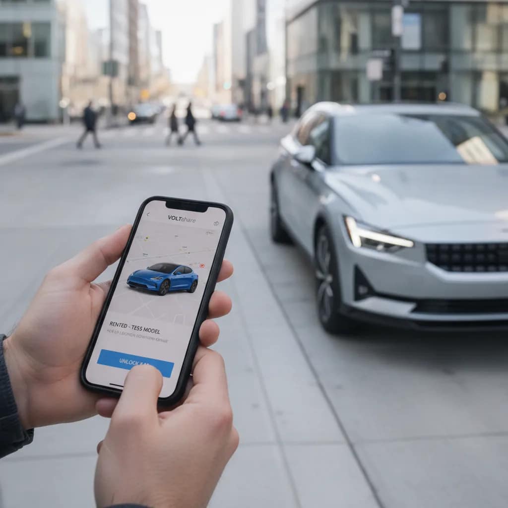 Pessoa utilizando aplicativo de smartphone para alugar um carro elétrico em uma rua urbana.