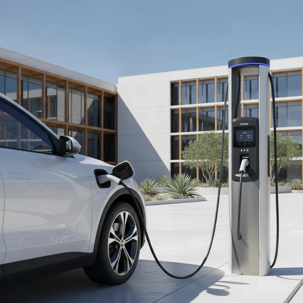 Carro elétrico conectado a uma estação de recarga rápida em um dia ensolarado.