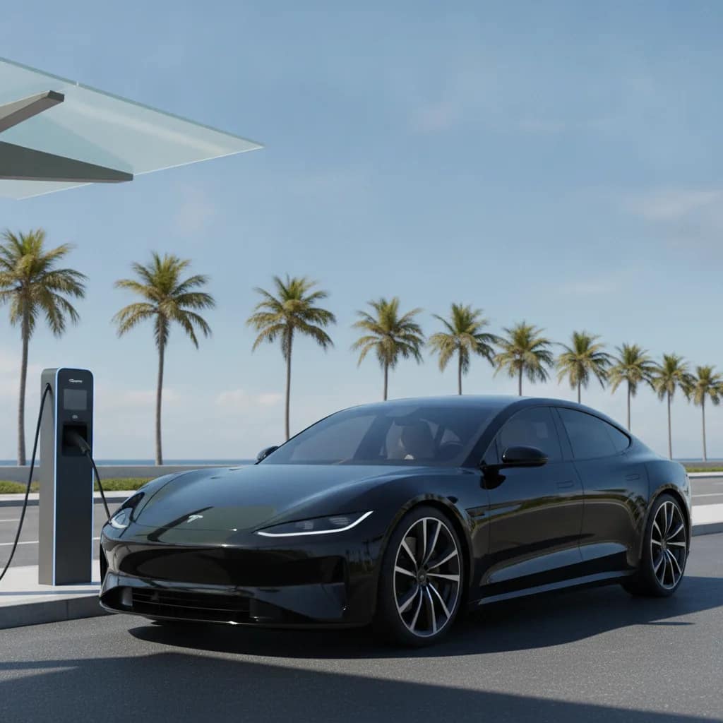Carro elétrico estacionado em um ponto de recarga sob o sol em cenário tropical.