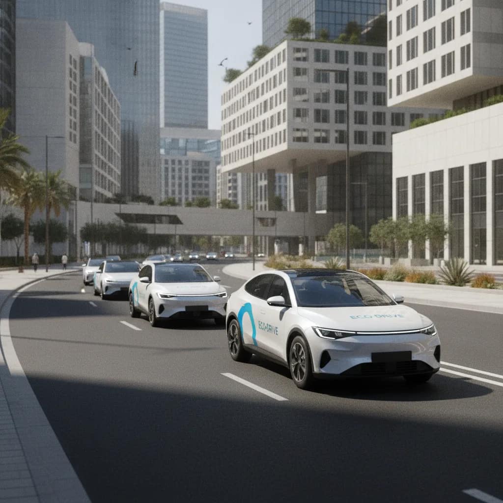 Carros elétricos de frota corporativa transitando em uma avenida moderna e arborizada.