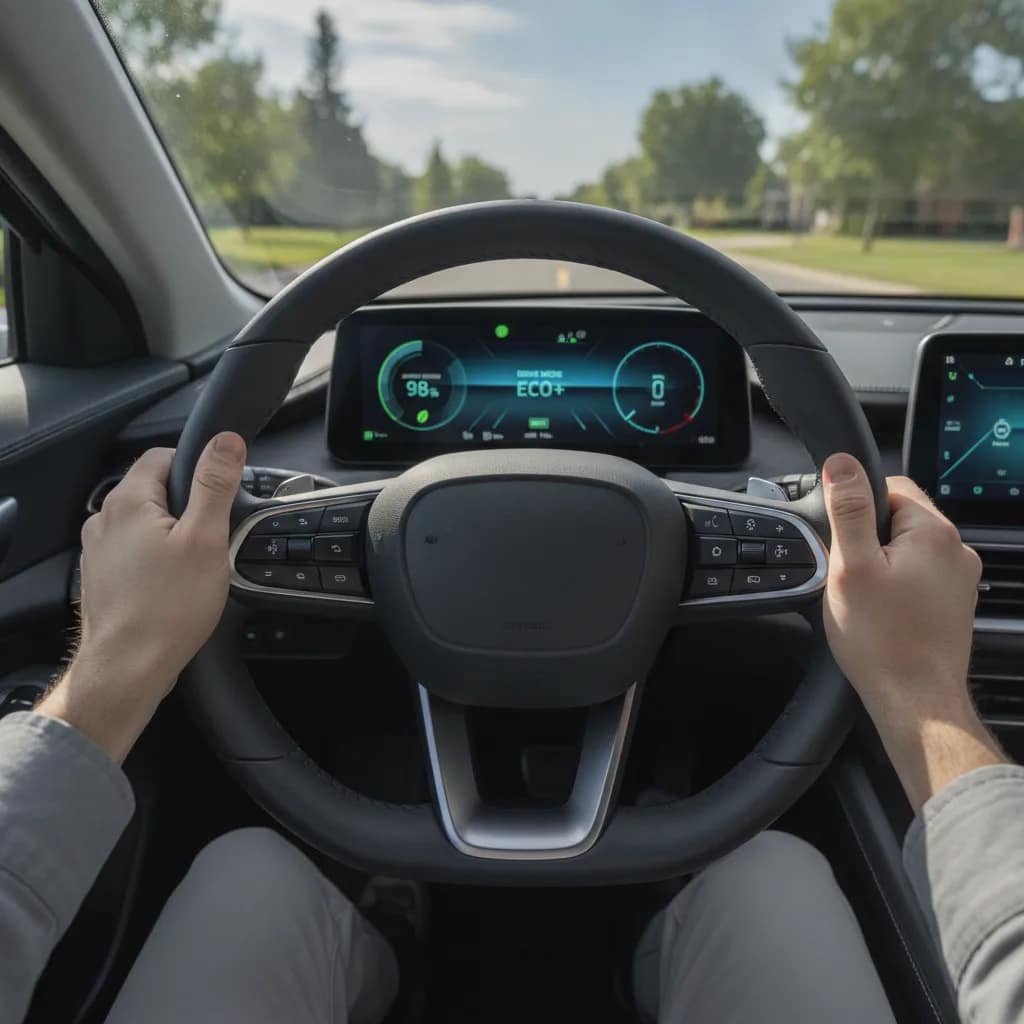 Motorista ao volante de um carro elétrico acompanhando a eficiência de energia no painel digital.