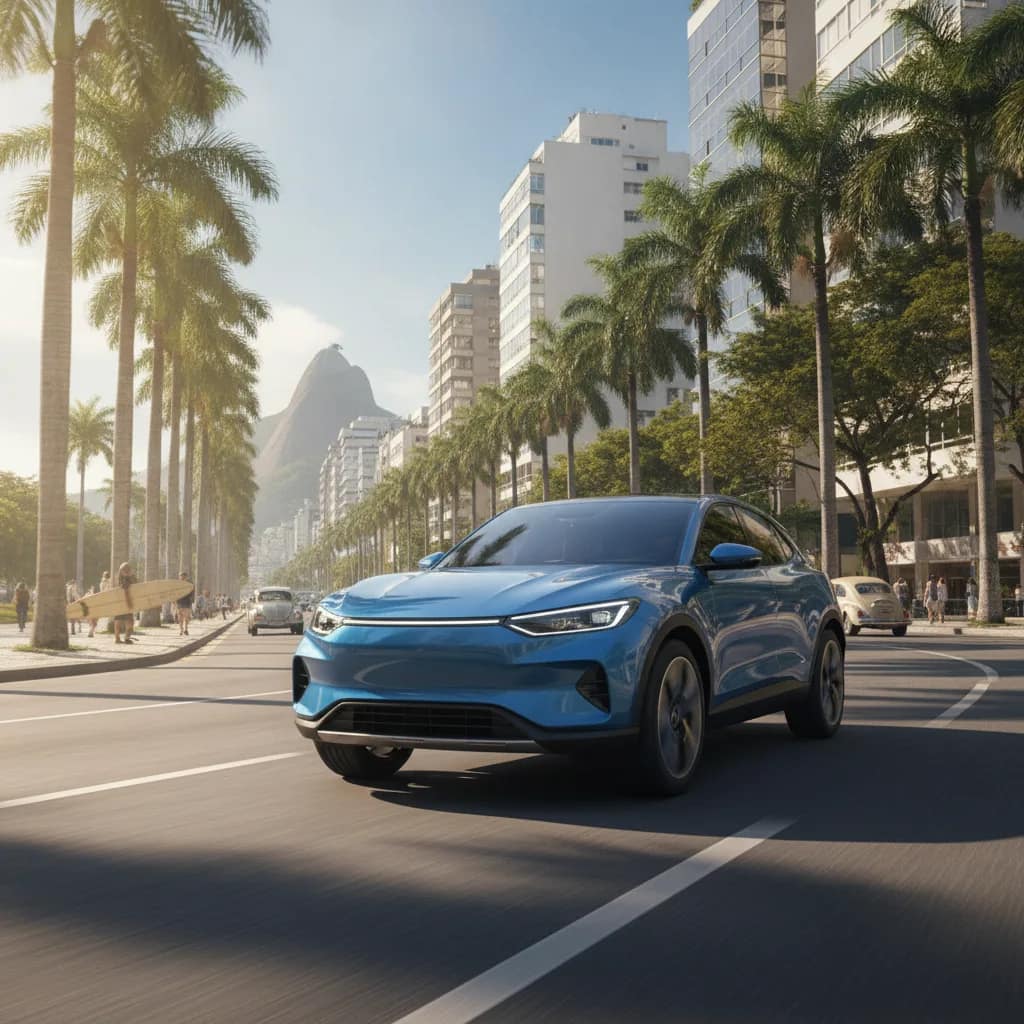 SUV elétrico rodando suavemente pelas avenidas de Vitória da Conquista