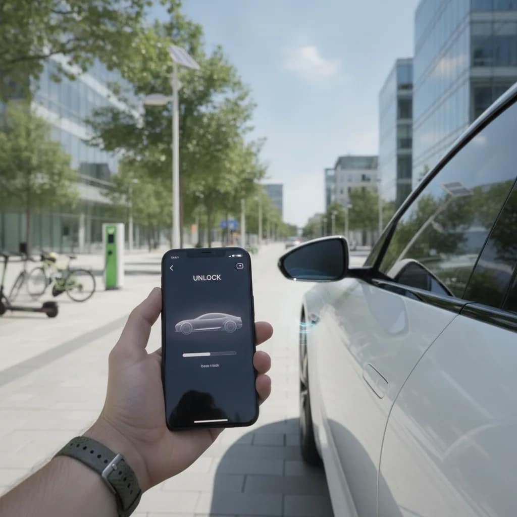 Pessoa utilizando aplicativo de smartphone para acessar um carro elétrico compartilhado na cidade.