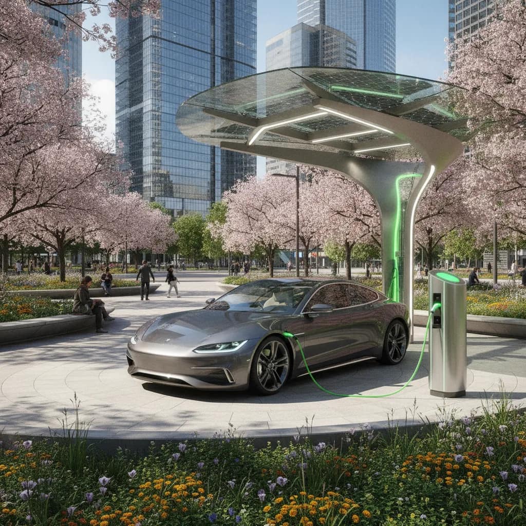 Veículo elétrico recarregando em um ponto público de carregamento em um parque urbano.