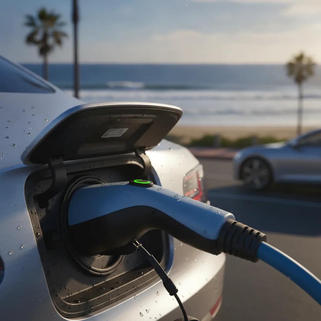 Conector de recarga de carro elétrico plugado em estação próxima à praia.