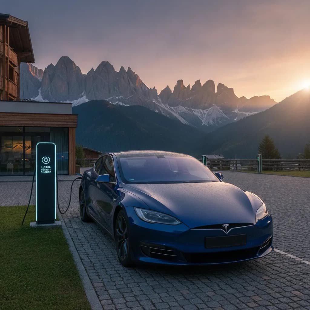 Carro elétrico recarregando no estacionamento de hotel ao amanhecer.