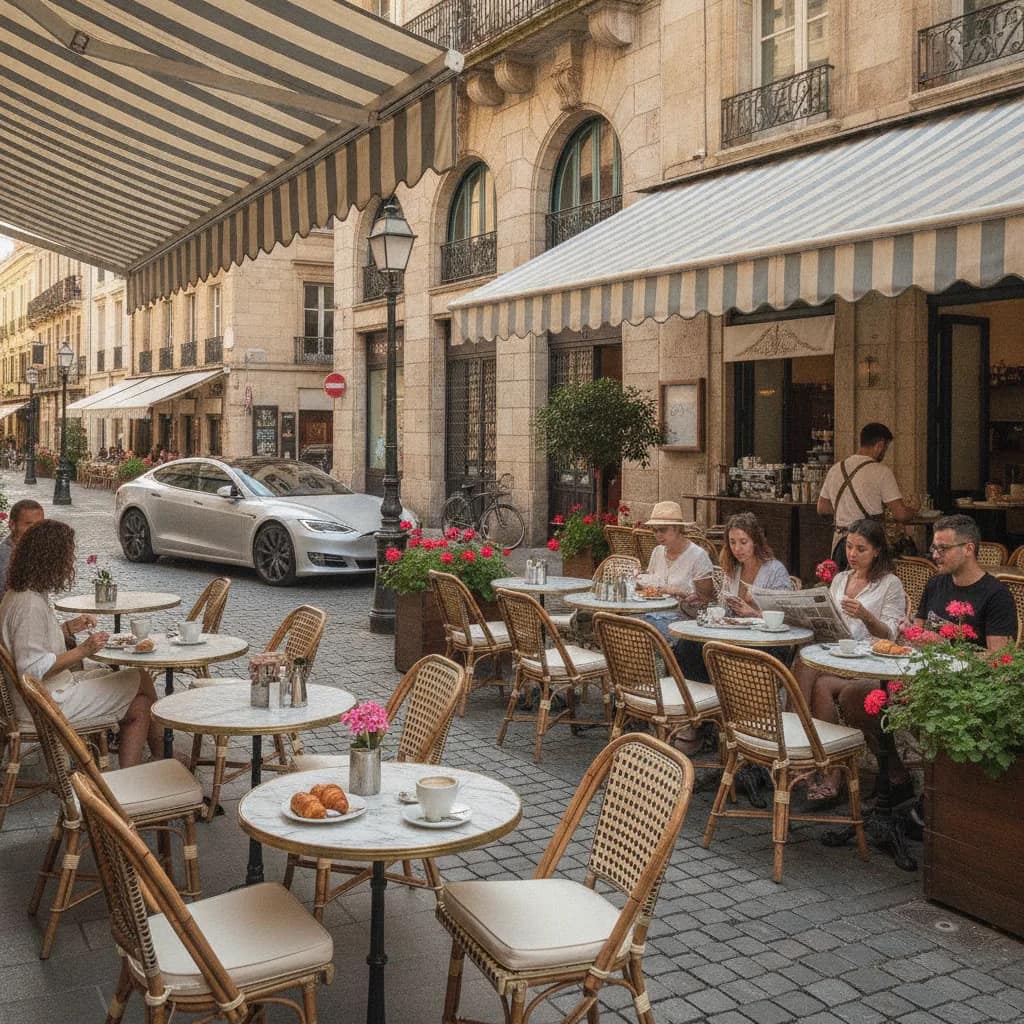 Pessoas aproveitando um café ao ar livre enquanto um carro elétrico passa silenciosamente.